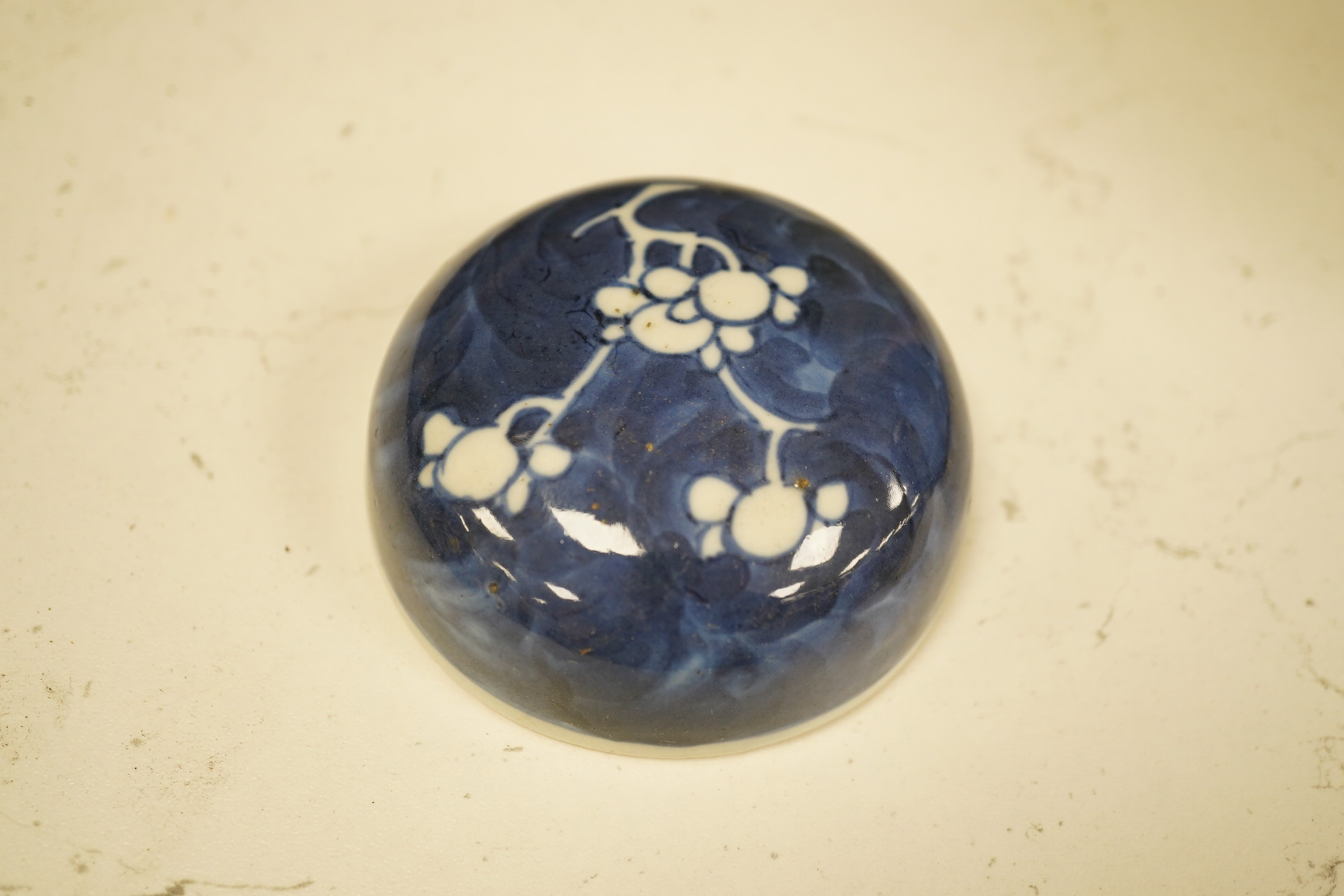 A group of Chinese blue and white porcelain, including a mid 19th century Canton enamel teabowl and a Japanese small dish, tallest 22cm. Condition - fair